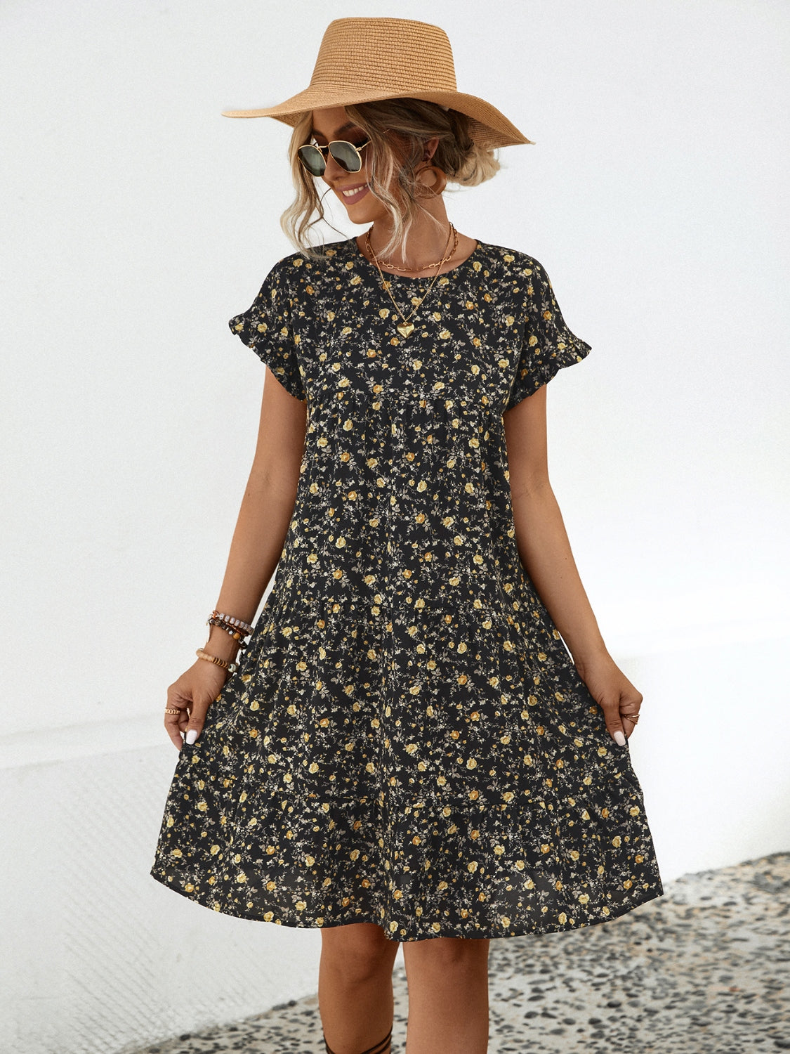 Frill Floral Round Neck Short Sleeve Tiered Dress - AMIN Clothing 