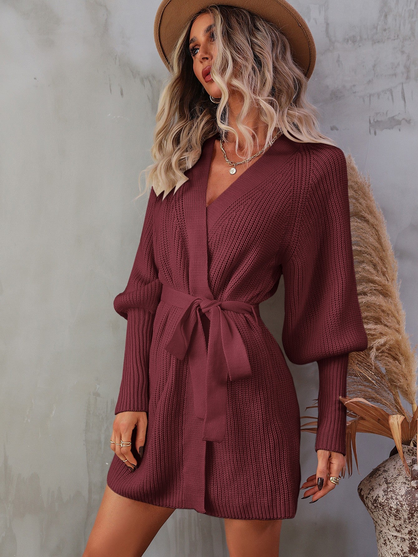 Belted Surplice Lantern Sleeve Wrap Sweater Dress - AMIN Clothing 