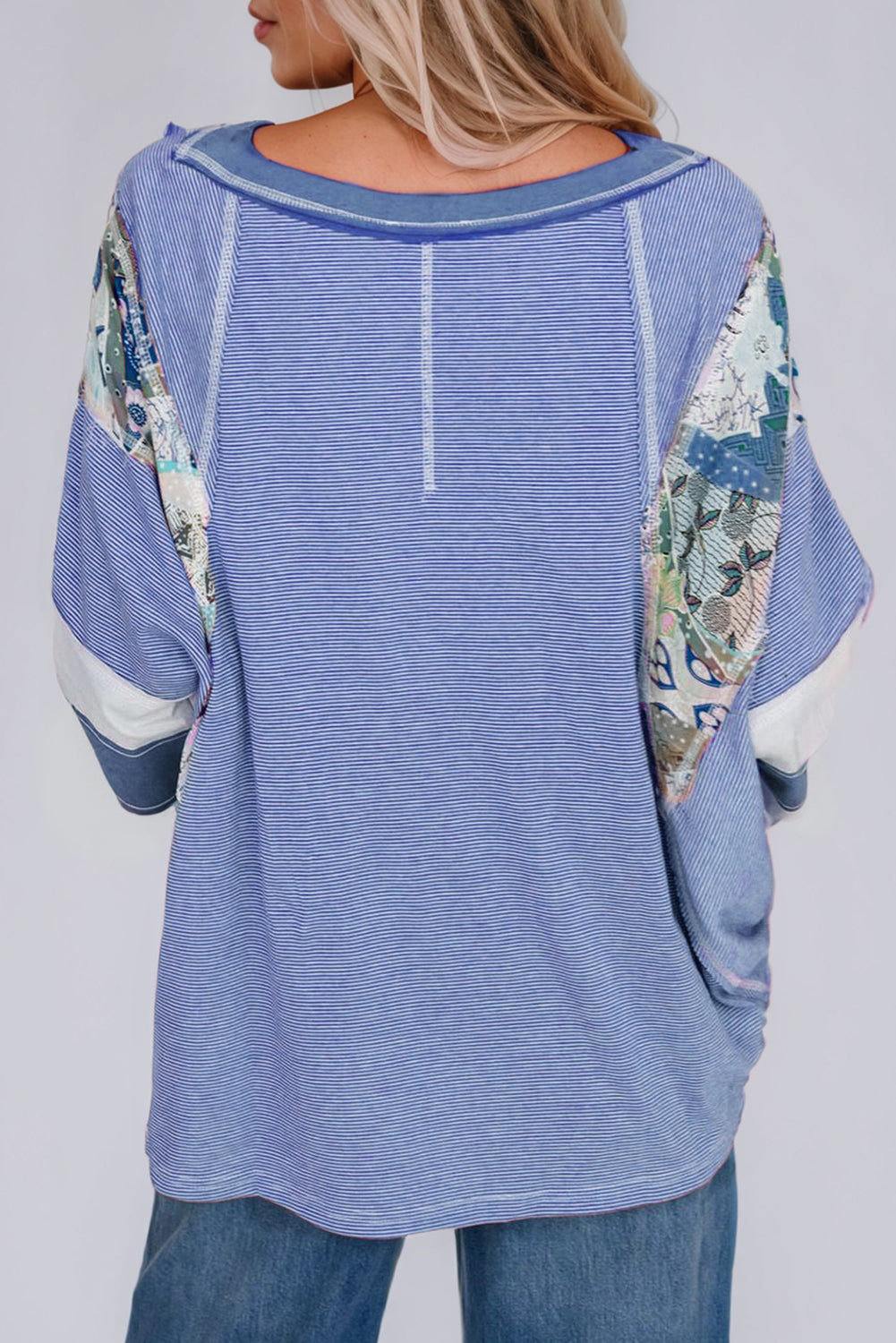 Striped Floral Patchwork Round Neck Top - AMIN Clothing 