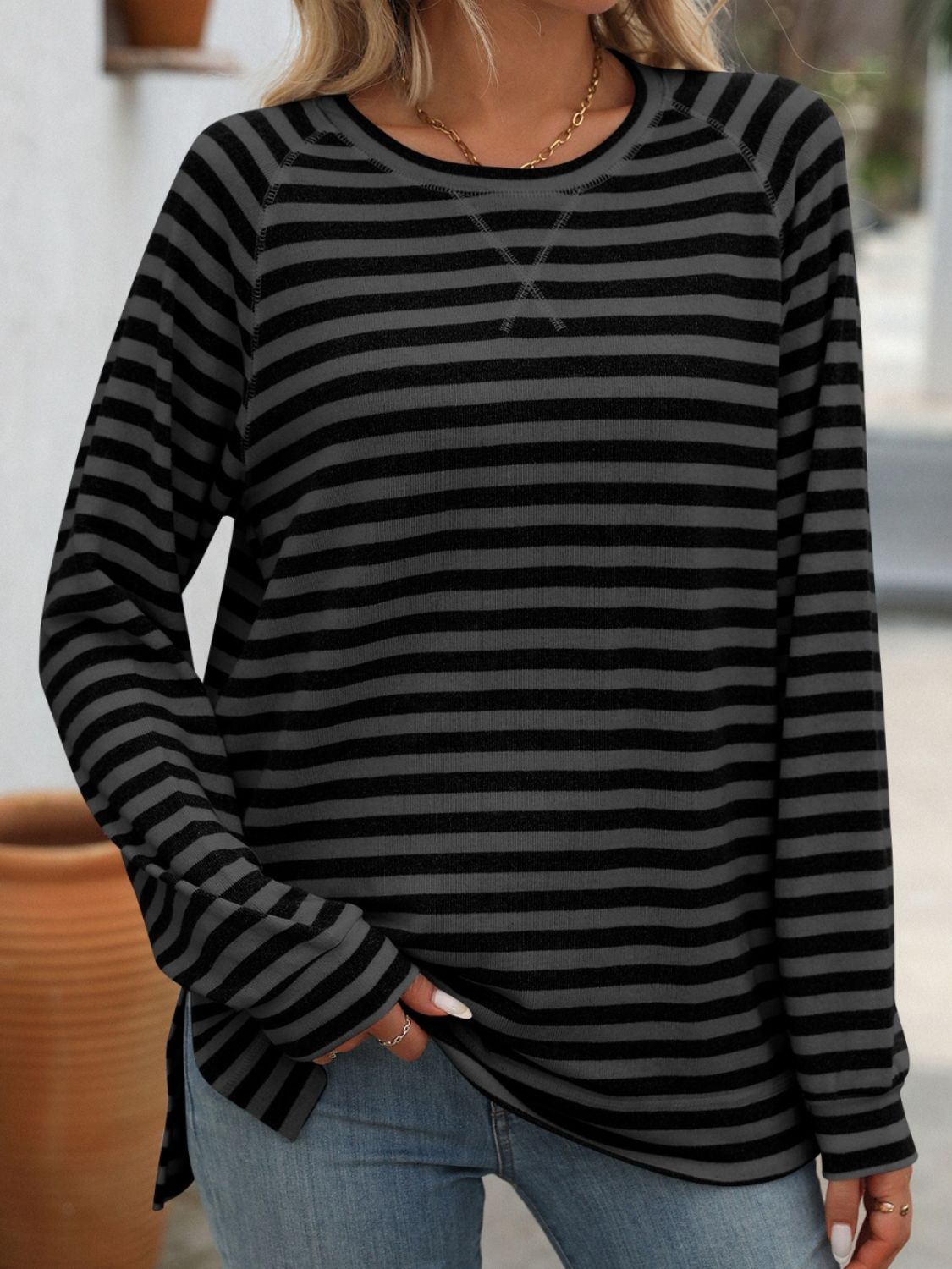 Mandy Striped Round Neck Long Sleeve T-Shirt - AMIN Clothing 