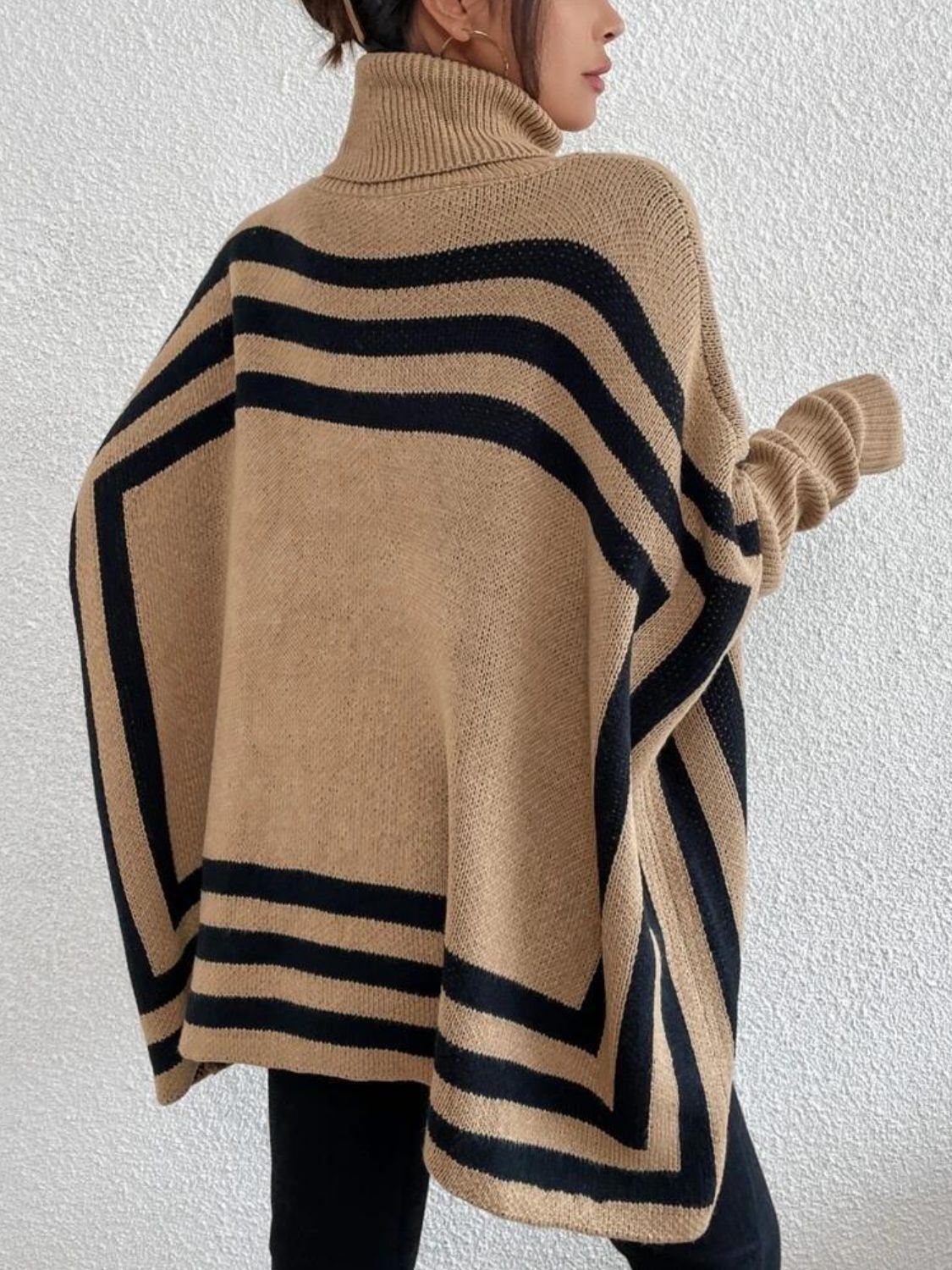 Striped Turtleneck Batwing Sleeve Sweater with Pockets - AMIN Clothing 