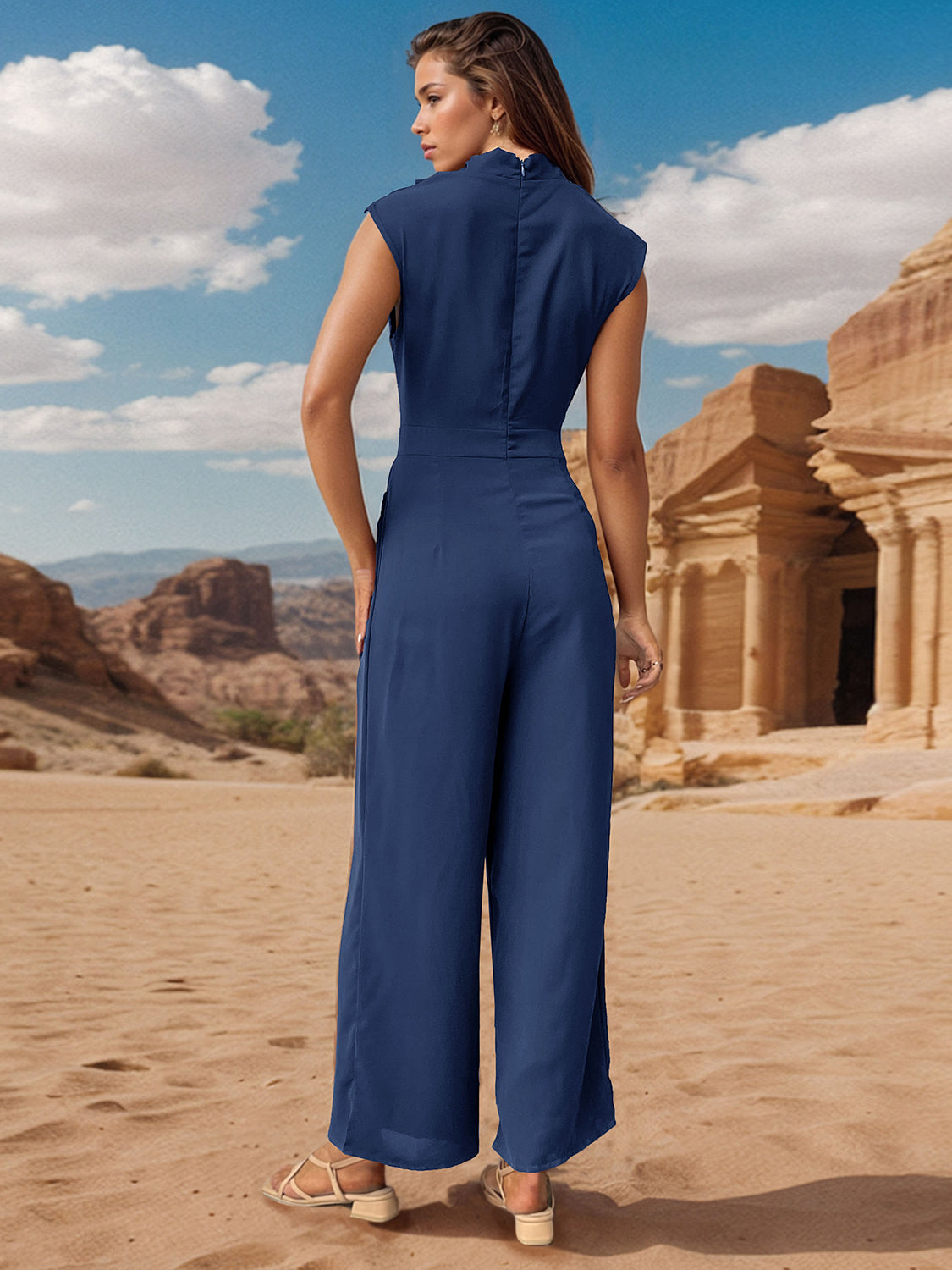 Perfee Ruched Mock Neck Sleeveless Jumpsuit - AMIN Clothing 