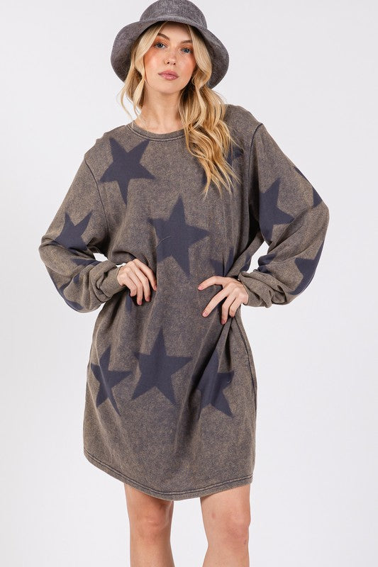 SAGE + FIG Washed Star Print Round Neck Dress - AMIN Clothing 