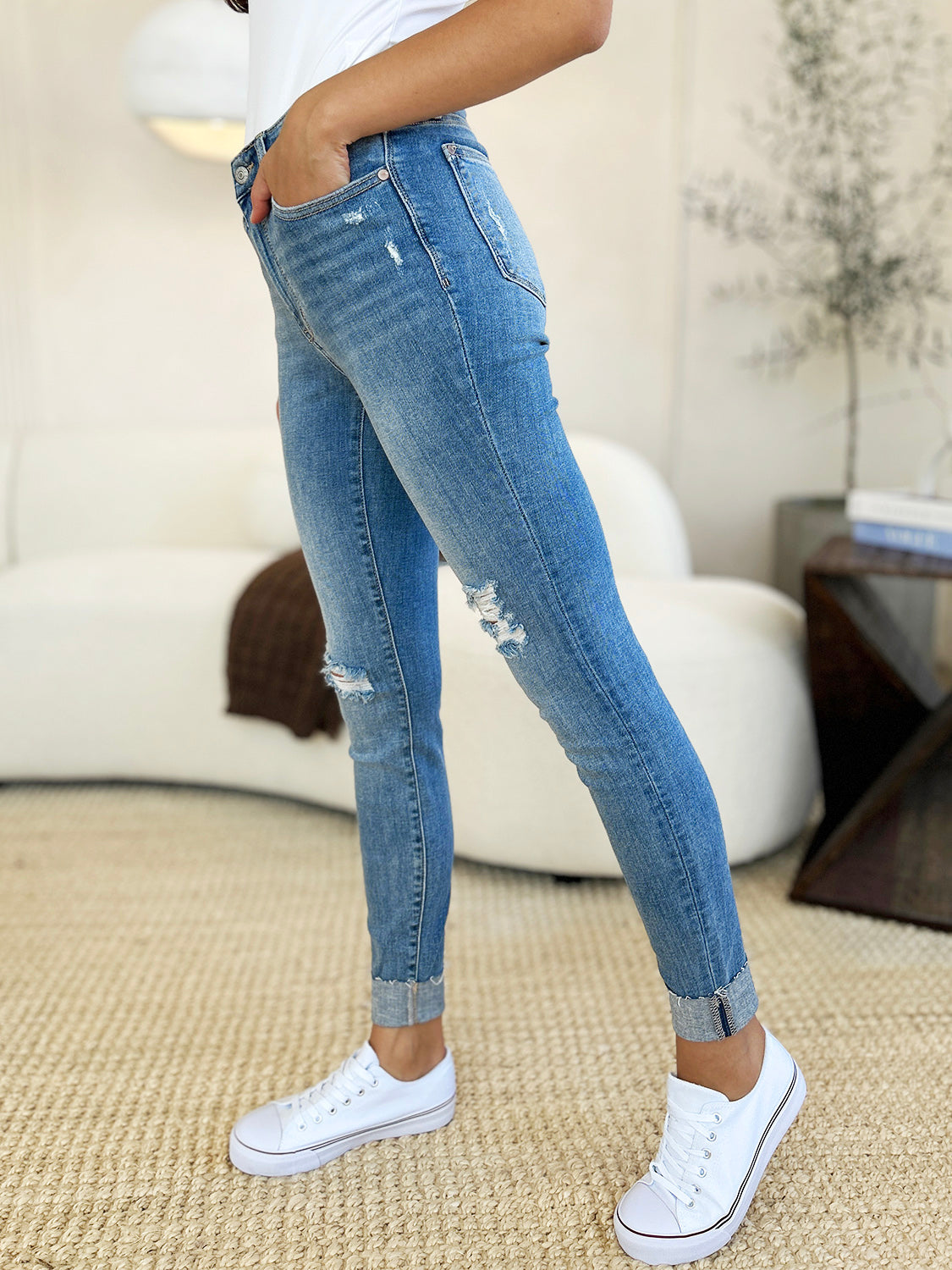 Judy Blue Full Size Mid Rise Destroy & Cuff Skinny Jeans - AMIN Clothing 