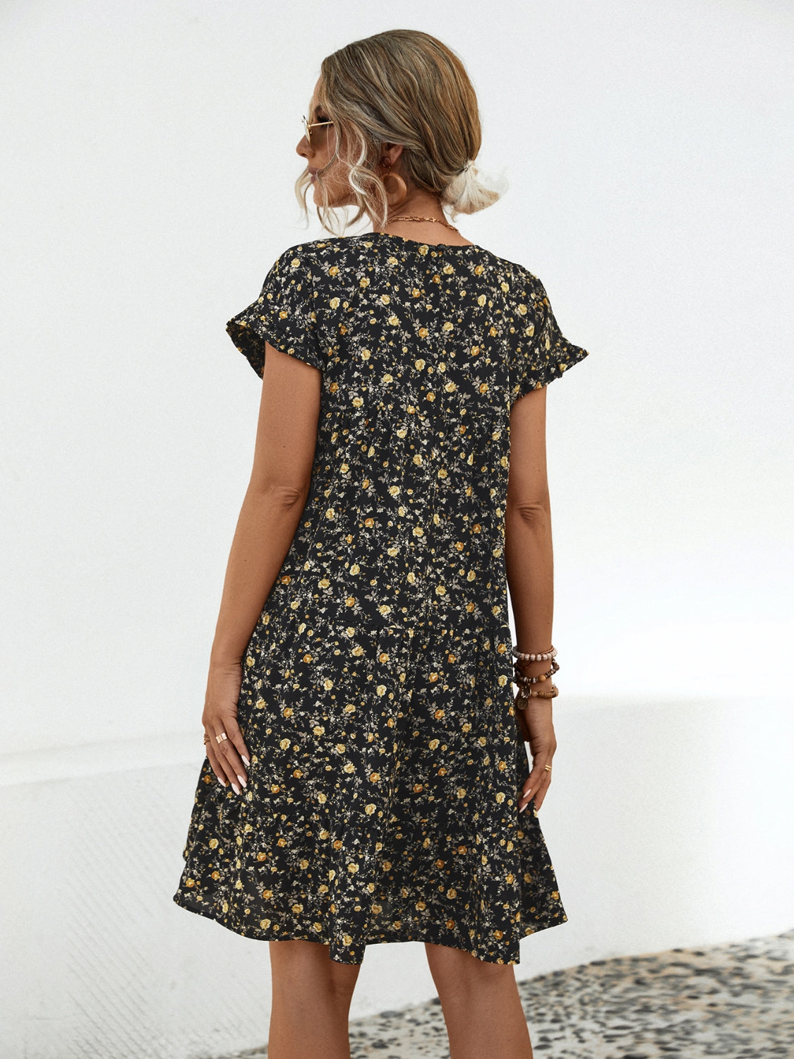 Frill Floral Round Neck Short Sleeve Tiered Dress - AMIN Clothing 