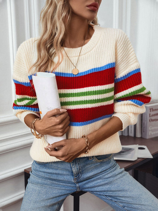 Contrast Stripes Round Neck Long Sleeve Sweater - AMIN Clothing 