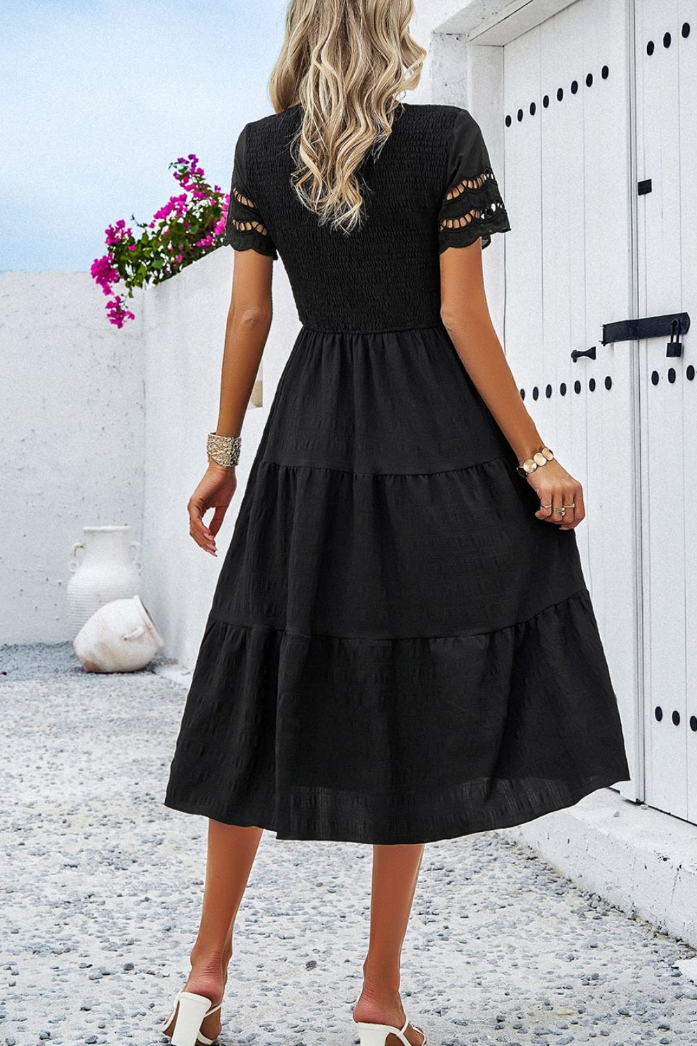 Devine Smocked Round Neck Short Sleeve Midi Dress - AMIN Clothing 