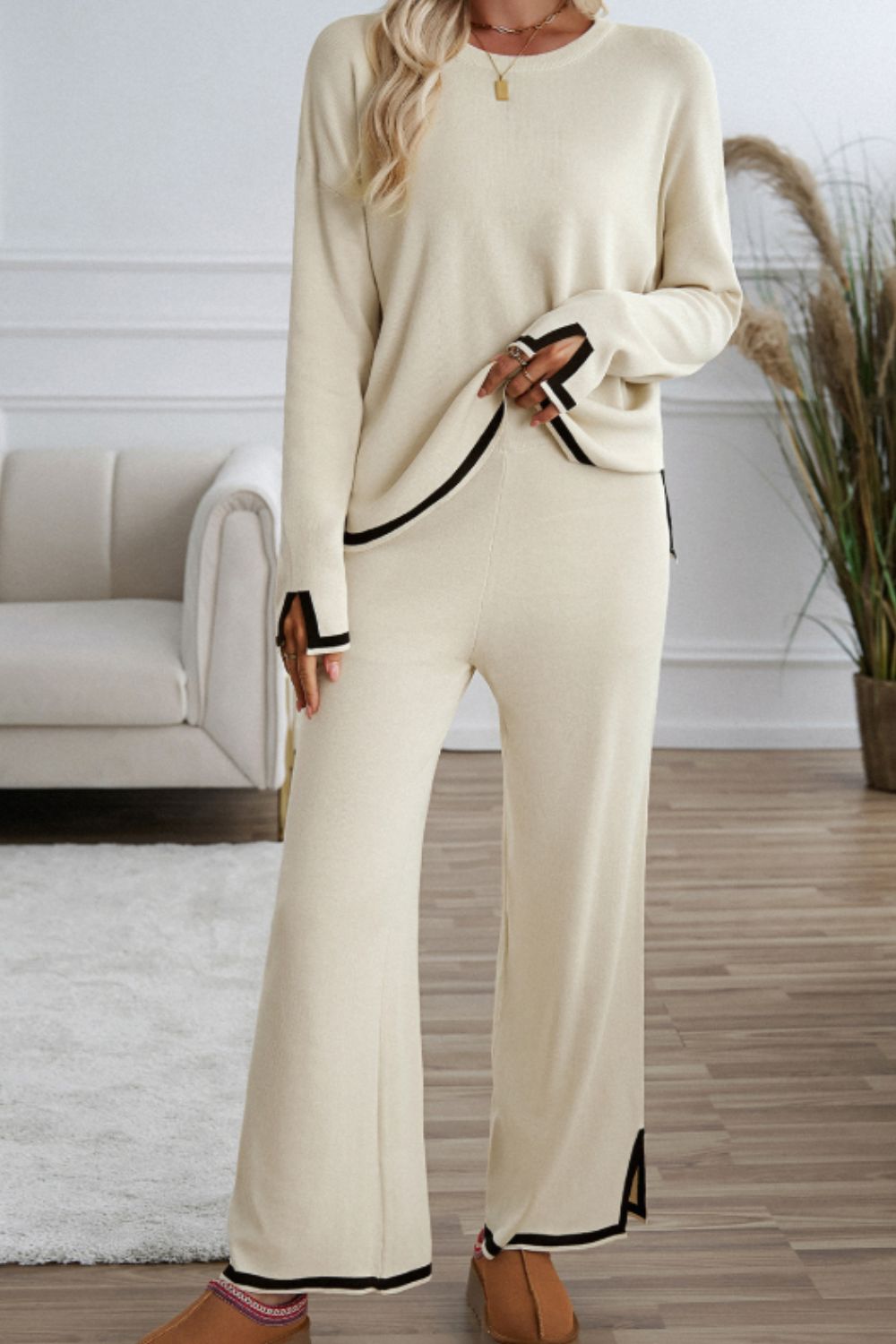 Contrast Trim Round Neck Top and Pants Sweater Set - AMIN Clothing 