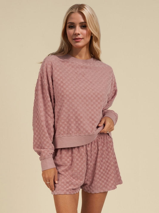 OH Checkered Round Neck Long Sleeve Top and Shorts Set - AMIN Clothing 