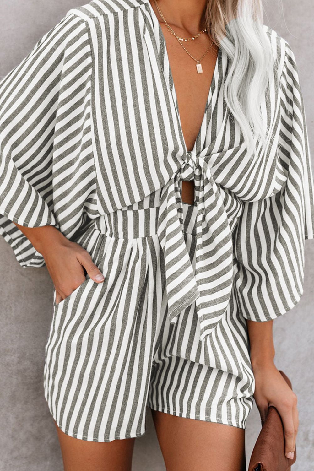 Bow Striped Kimono Sleeve Romper - AMIN Clothing 