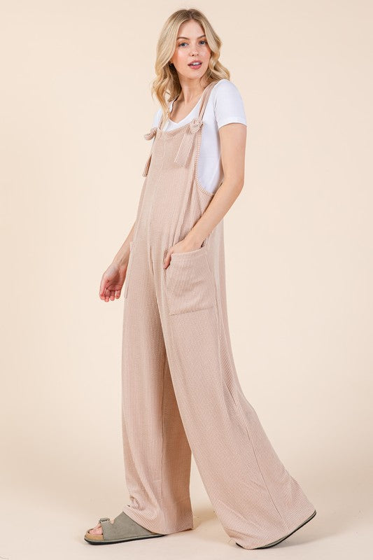 BOMBOM Knot Straps Wide Leg Ribbed Overalls with Pockets - AMIN Clothing 