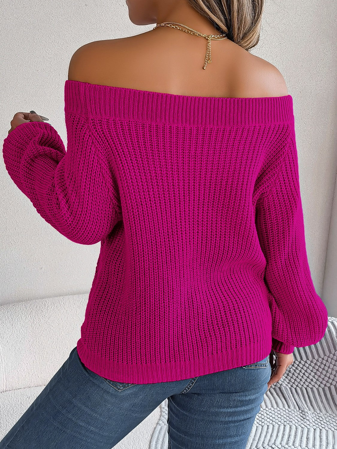 Openwork Off-Shoulder Long Sleeve Sweater - AMIN Clothing 