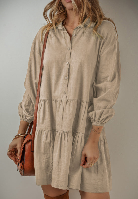 Tiered Collared Neck Balloon Sleeve Shirt Dress - AMIN Clothing 