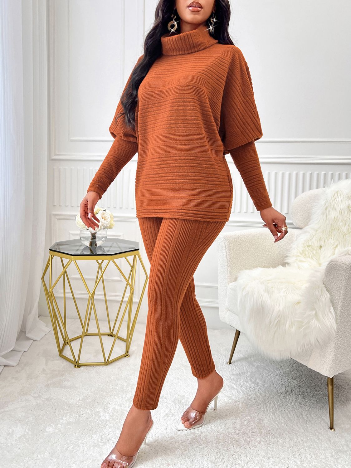 Turtleneck Batwing Sleeve Top and Pants Set - AMIN Clothing 