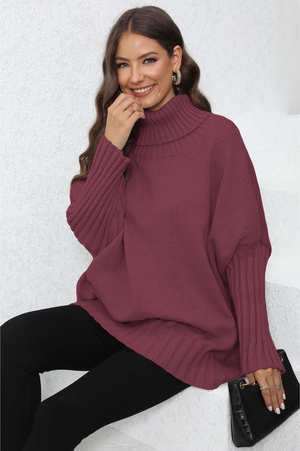 Turtle Neck Long Sleeve Ribbed Sweater - AMIN Clothing 