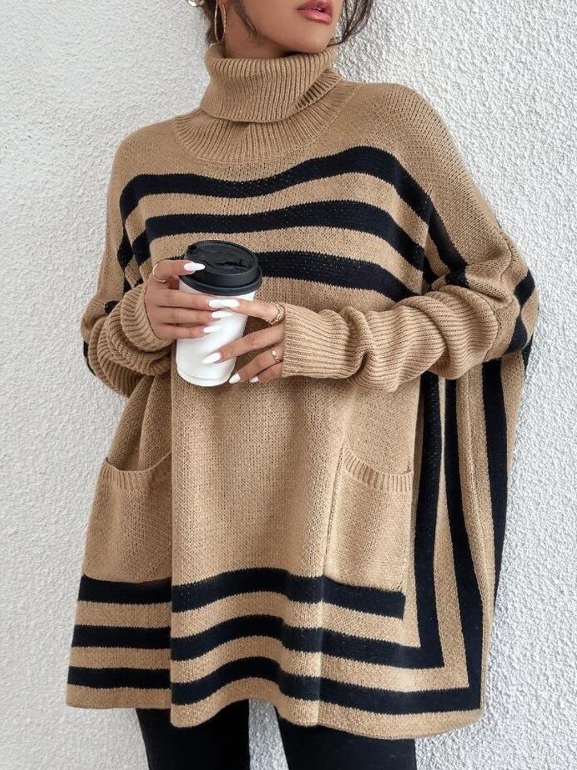 Striped Turtleneck Batwing Sleeve Sweater with Pockets - AMIN Clothing 