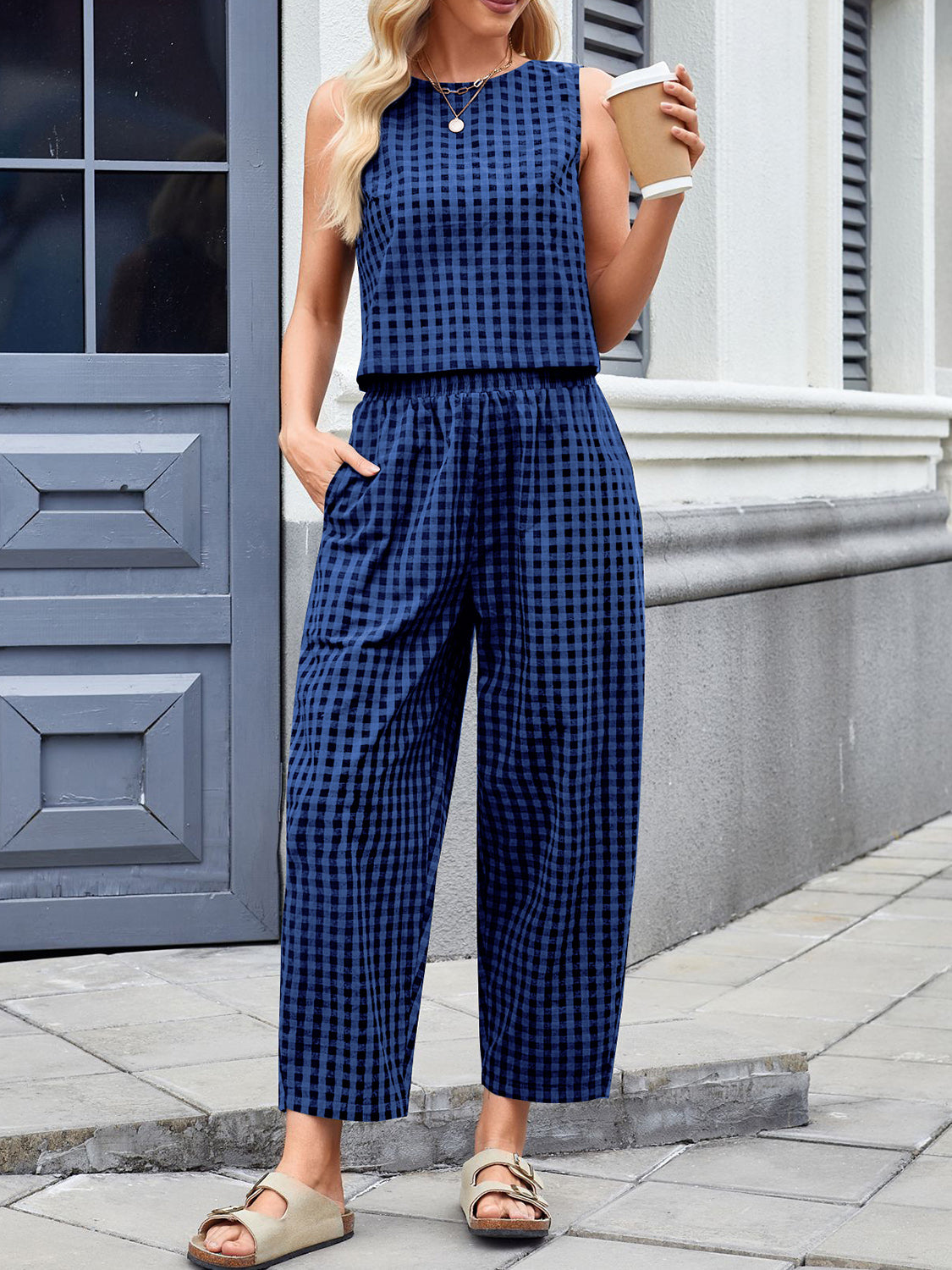 Lovelet Plaid Round Neck Sleeveless Top and Pants Set - AMIN Clothing 