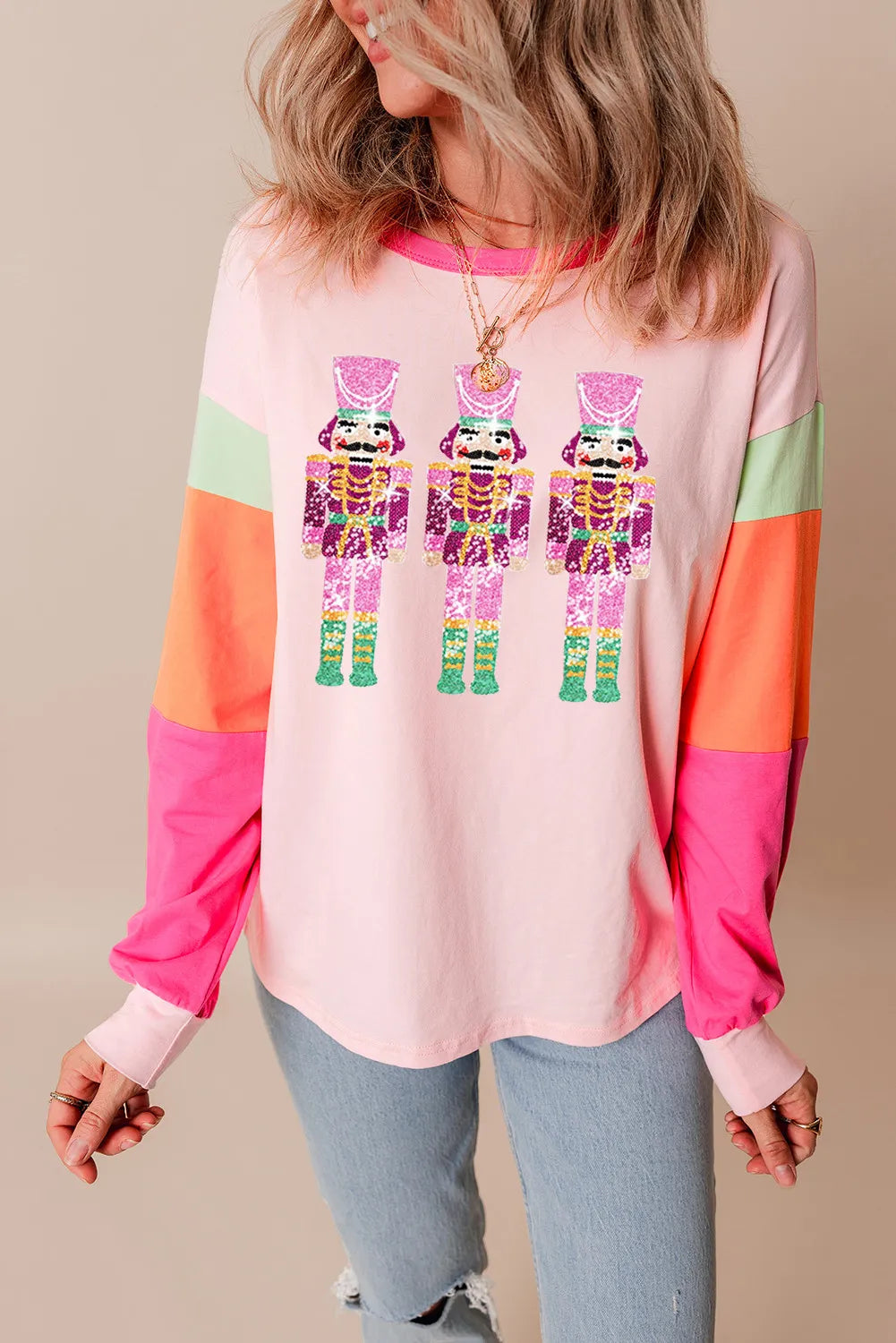 Sequin Nutcracker Round Neck Long Sleeve Top - AMIN Clothing 