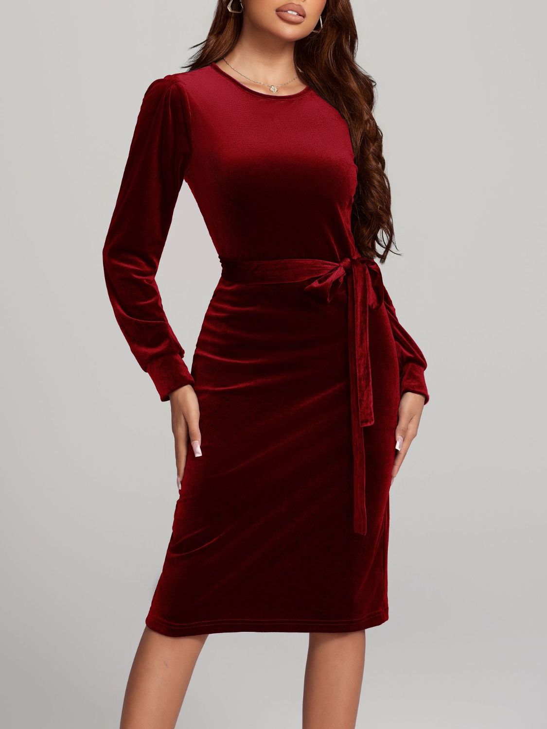 Round Neck Tie Waist Long Sleeve Velvet Dress - AMIN Clothing 