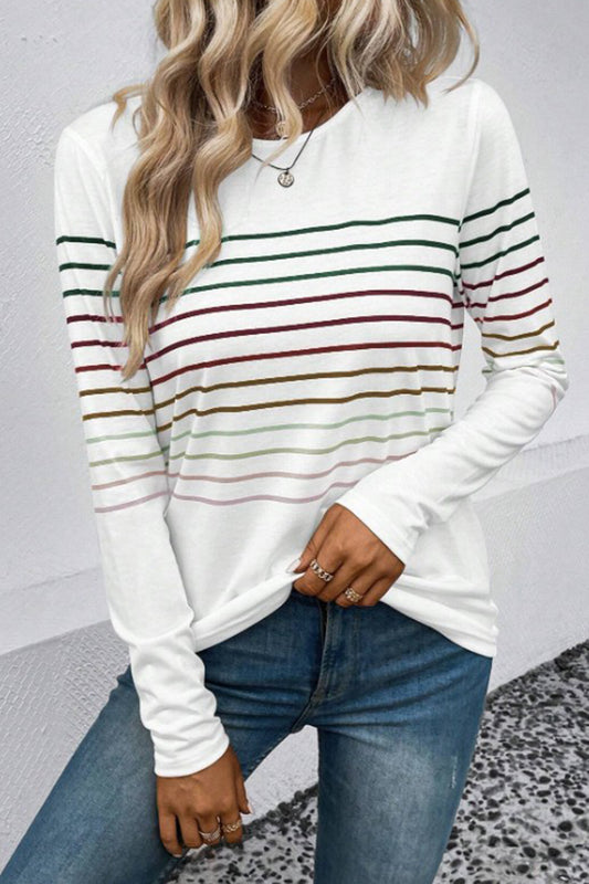 Striped Round Neck Long Sleeve T-Shirt - AMIN Clothing 