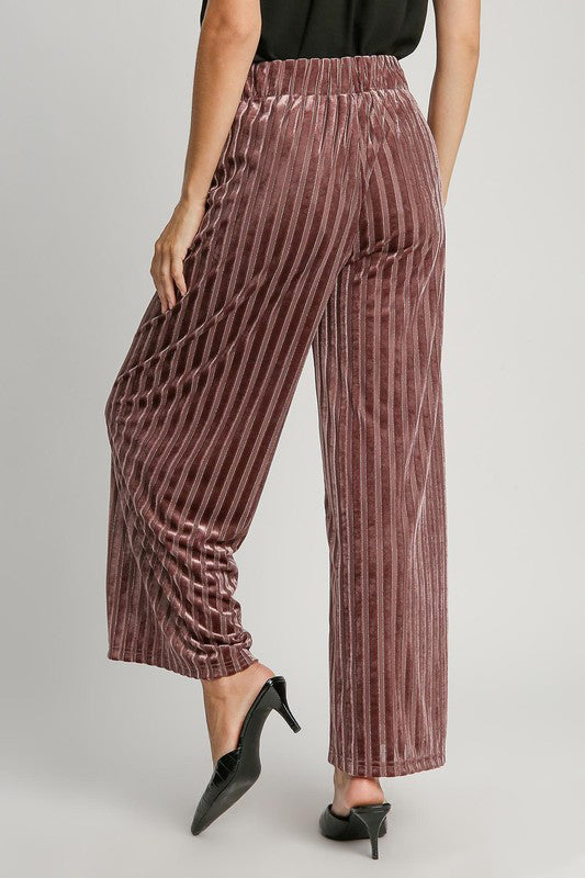 Umgee Full Size Elastic Waist Striped Wide Leg Velvet Pants - AMIN Clothing 