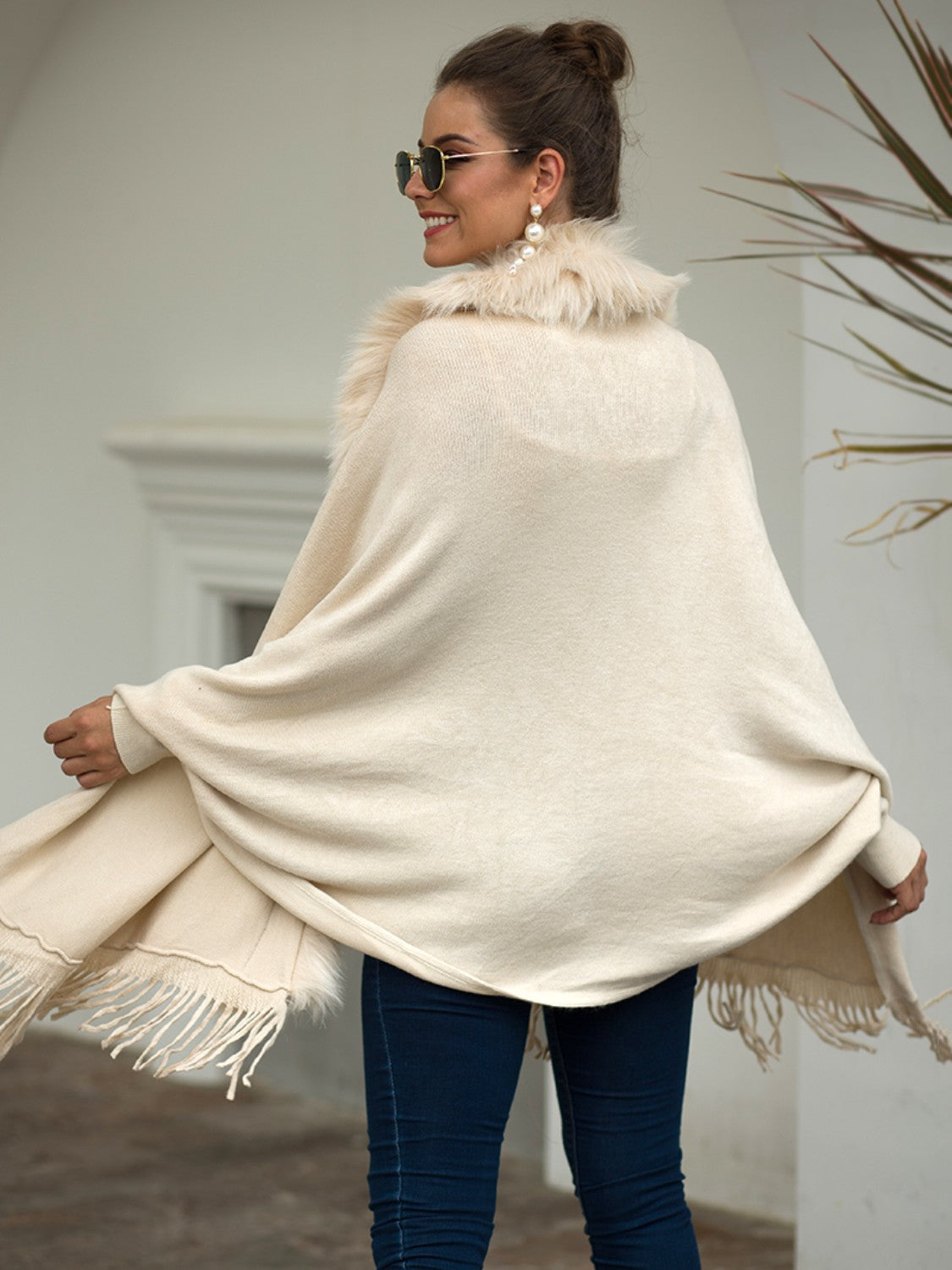 Fringe Open Front Long Sleeve Poncho - AMIN Clothing 