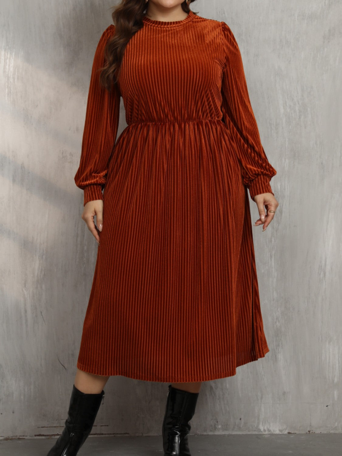 Plus Size Round Neck Long Sleeve Midi Dress - AMIN Clothing 