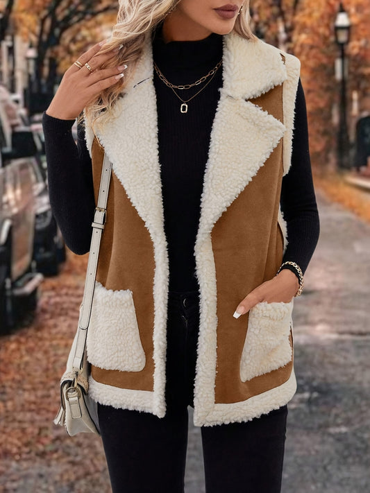 Full Size Contrast Open Front Sherpa Vest Coat - AMIN Clothing 