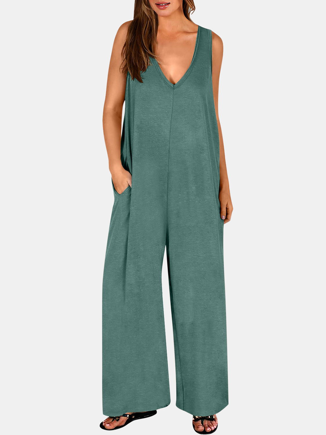 Full Size V-Neck Wide Strap Jumpsuit - AMIN Clothing 