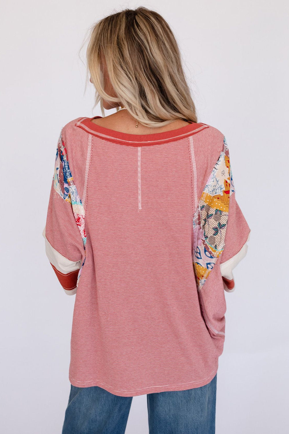 Striped Floral Patchwork Round Neck Top - AMIN Clothing 