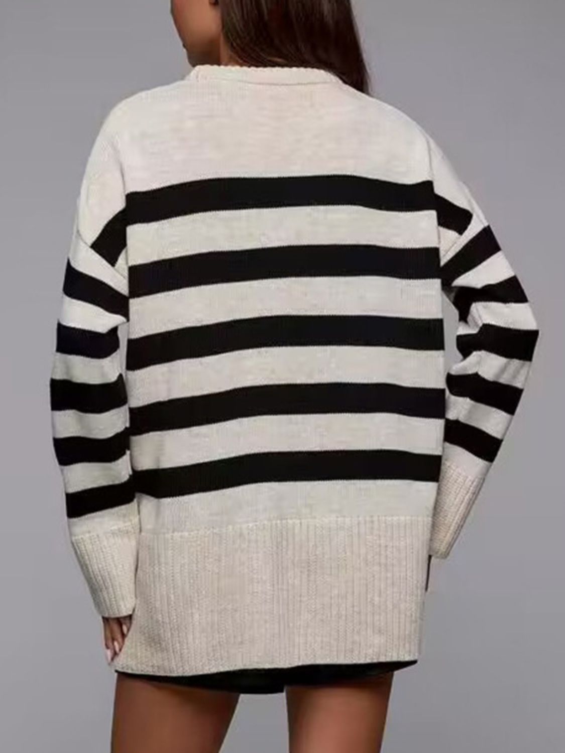 Slit Striped Round Neck Sweater - AMIN Clothing 