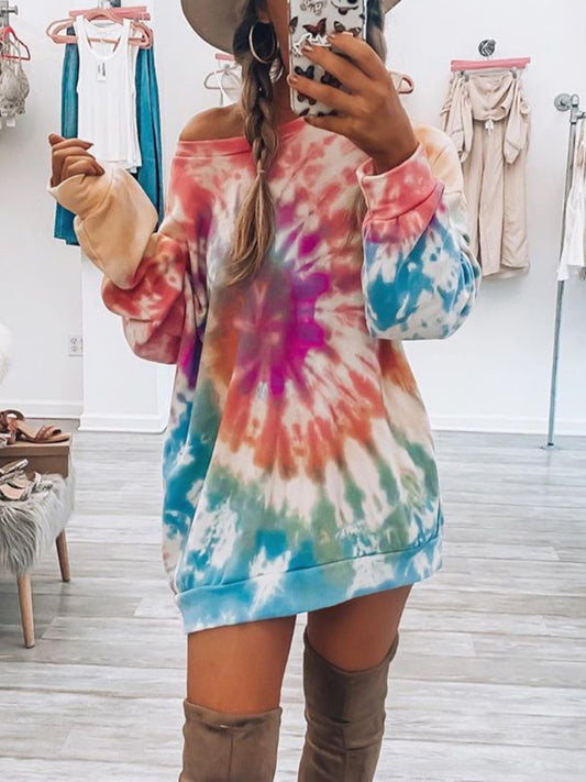 Full Size Tie-Dye Round Neck Long Sleeve Dress - AMIN Clothing 