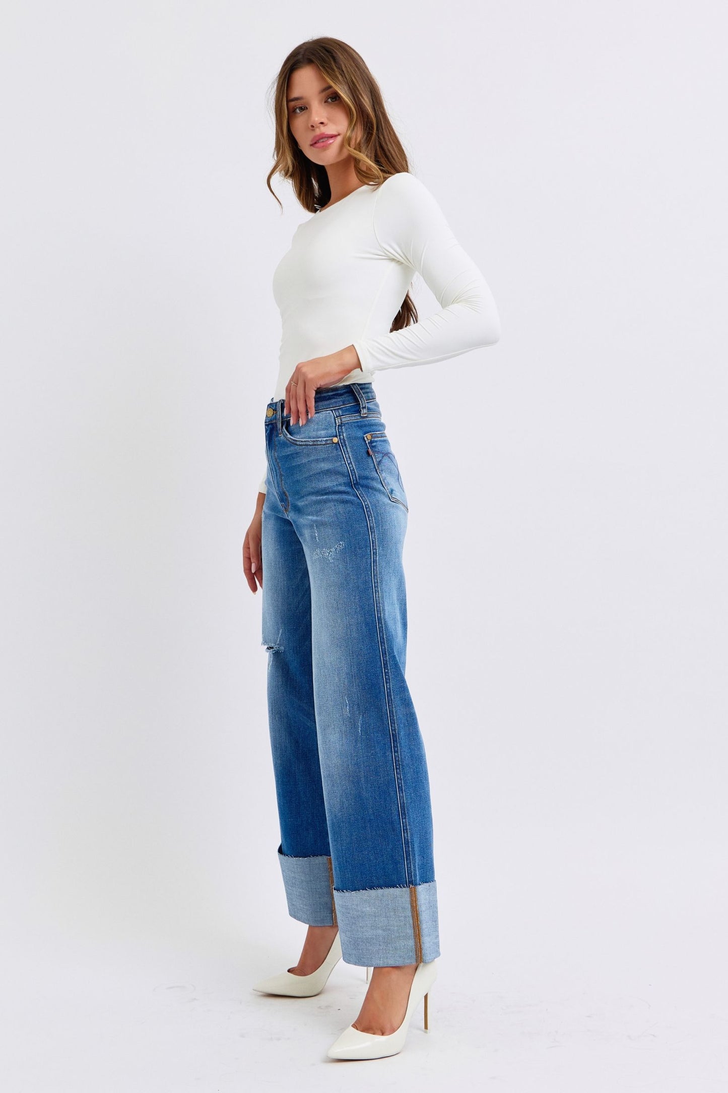 Judy Blue Full Size Distressed High Waist Wide Leg Jeans - AMIN Clothing 