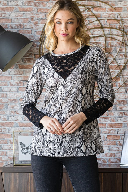 Heimish Full Size Snakeskin Print Round Neck Lace Contrast Top - AMIN Clothing 