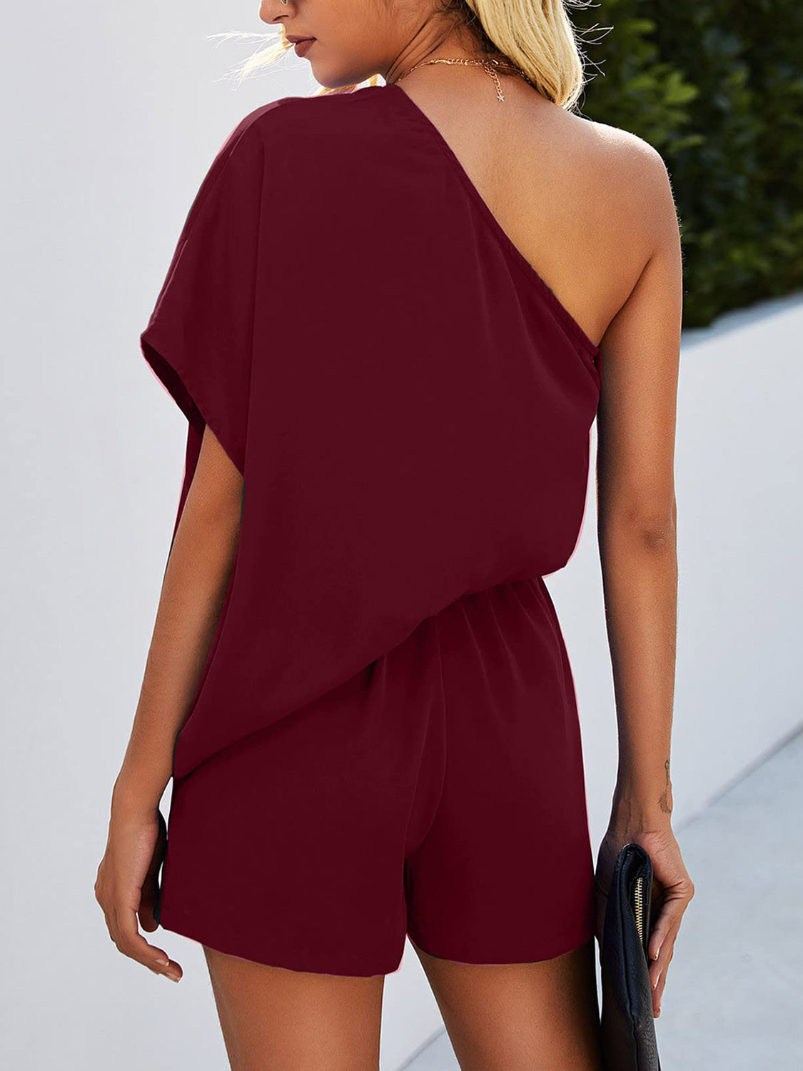 Single Shoulder Batwing Sleeve Romper - AMIN Clothing 