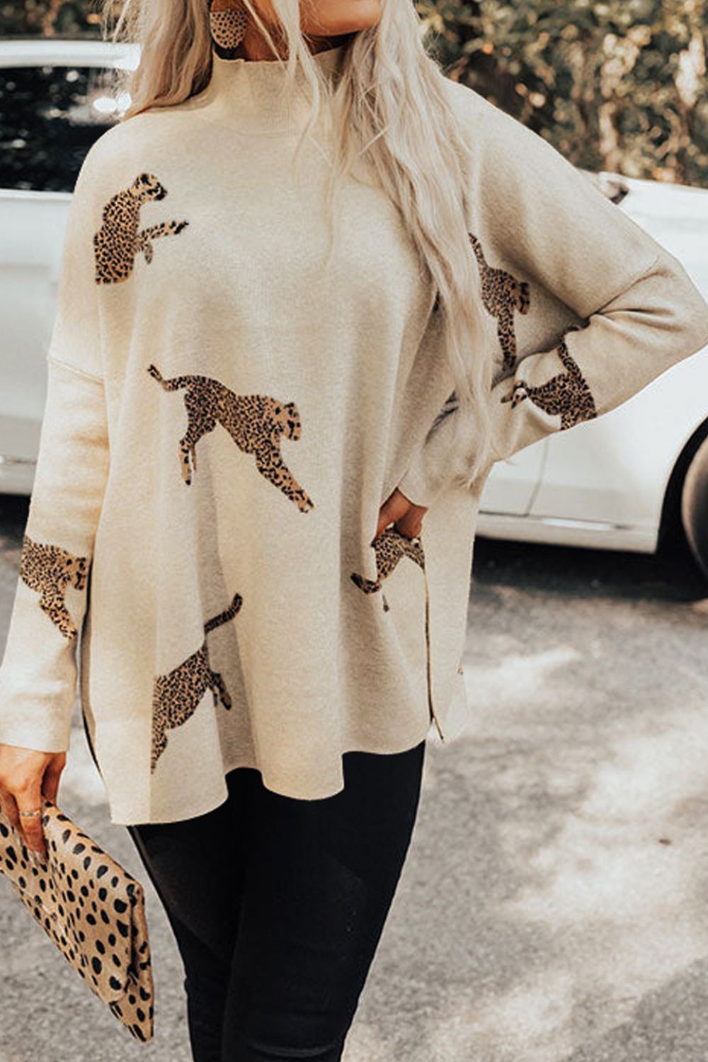 Animal Pattern Mock Neck Long Sleeve Slit Sweater - AMIN Clothing 