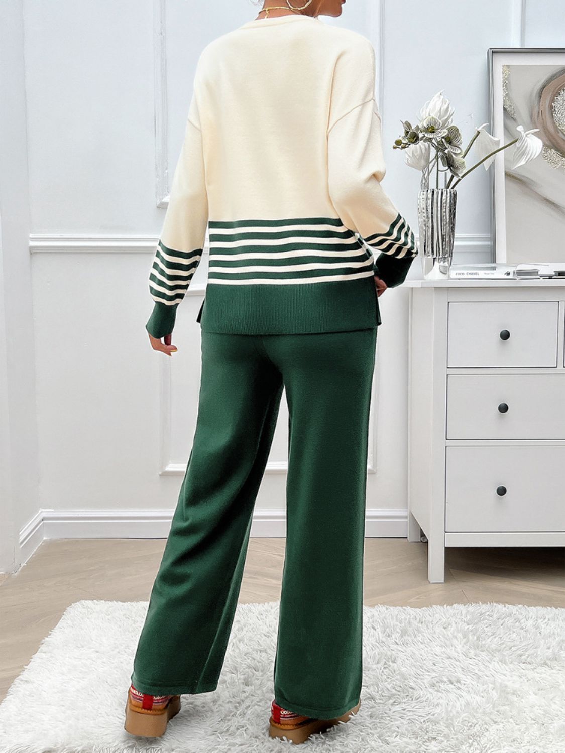 Devine Slit Striped Round Neck Top and Pants Sweater Set - AMIN Clothing 