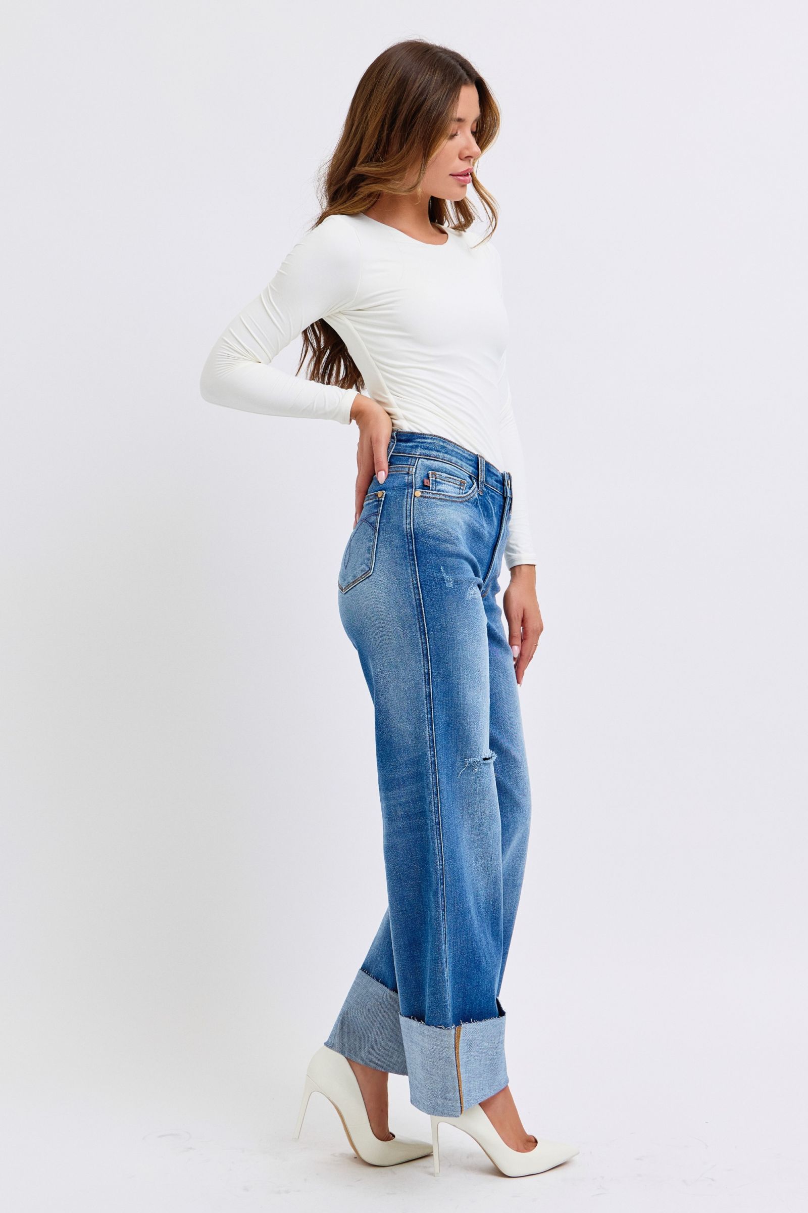 Judy Blue Full Size Distressed High Waist Wide Leg Jeans - AMIN Clothing 