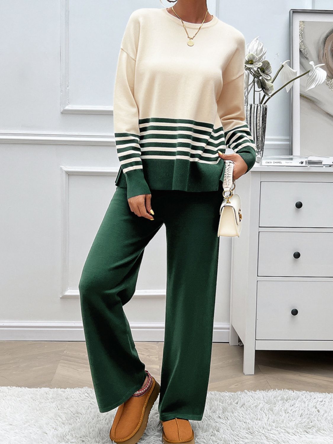 Devine Slit Striped Round Neck Top and Pants Sweater Set - AMIN Clothing 