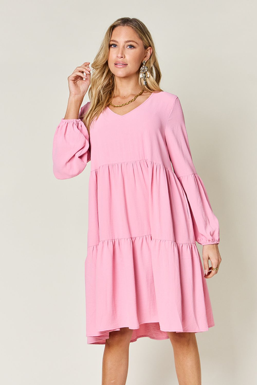 Double Take Full Size V-Neck Balloon Sleeve Tiered Dress with Pockets - AMIN Clothing 