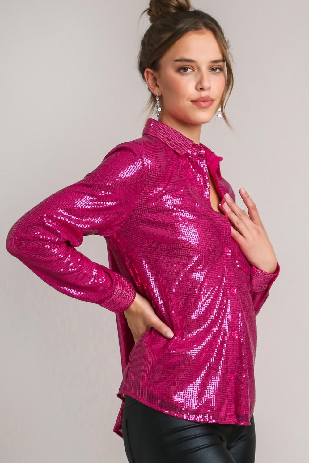 Umgee Sequin Long Sleeve Shirt with Side Chest Pocket - AMIN Clothing 