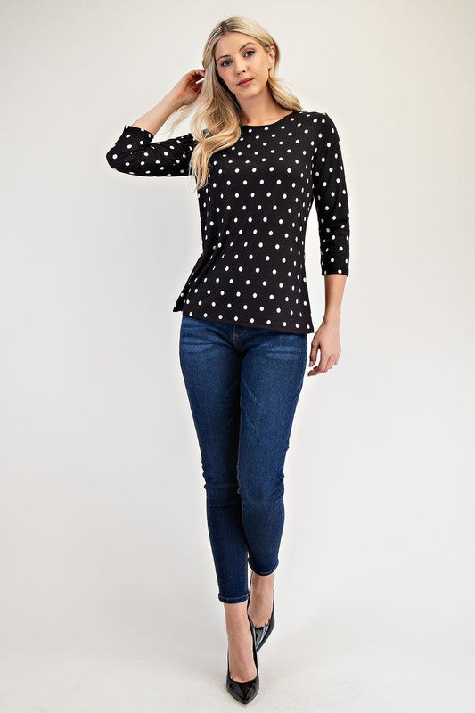 Celeste Full Size Polka Dot Round Neck Three-Quarter Sleeve T-Shirt - AMIN Clothing 