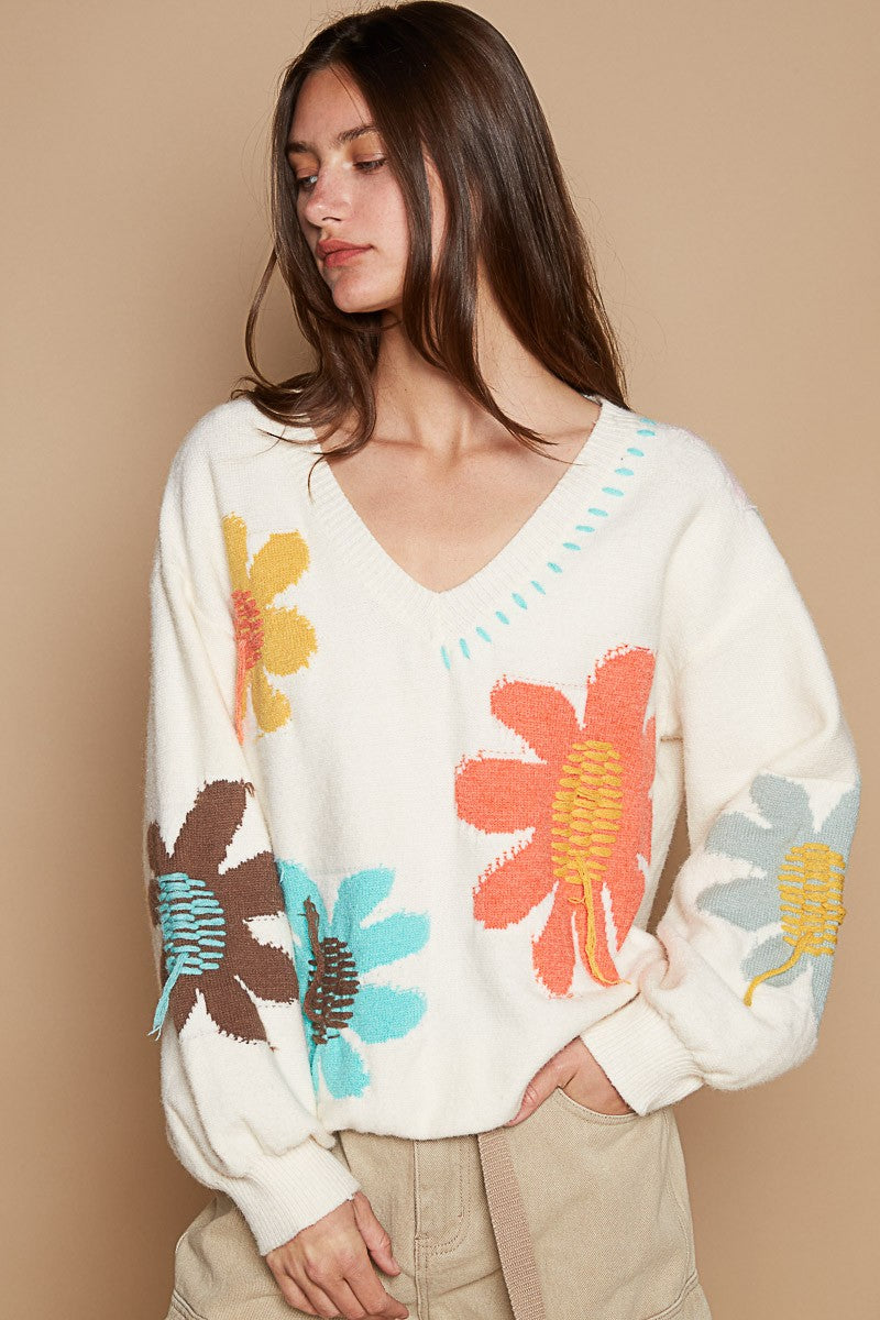 POL V-Neck Long Sleeve Flower Fringe Sweater - AMIN Clothing 