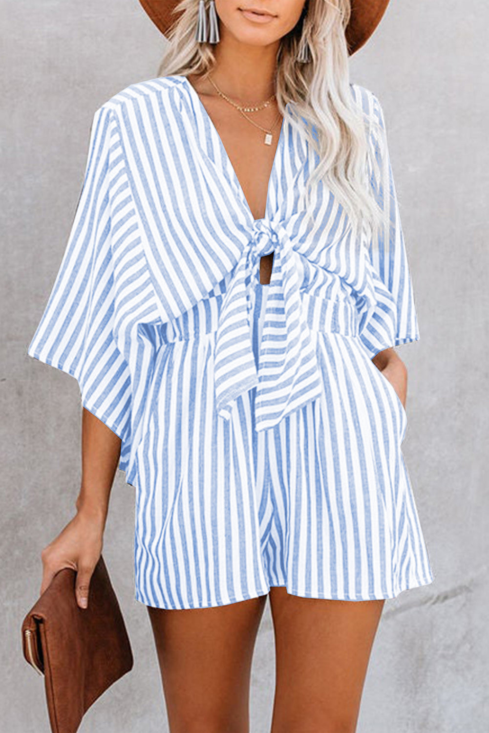 Bow Striped Kimono Sleeve Romper - AMIN Clothing 