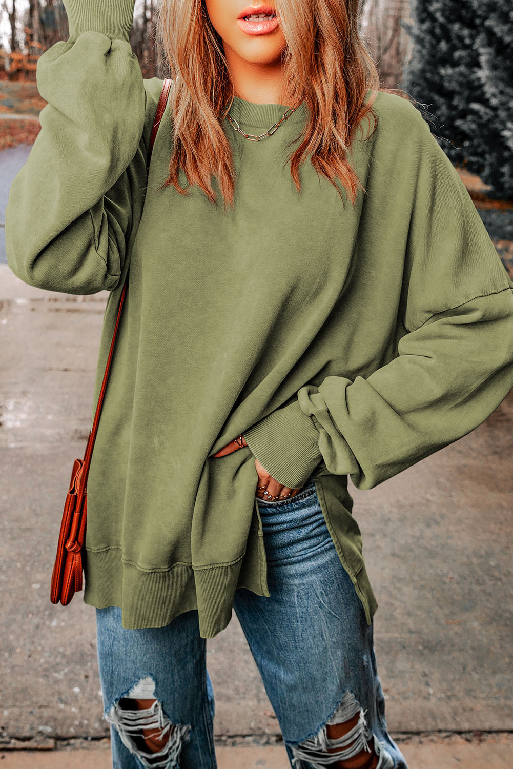 Dropped Shoulder Round Neck Long Sleeve Blouse - AMIN Clothing 