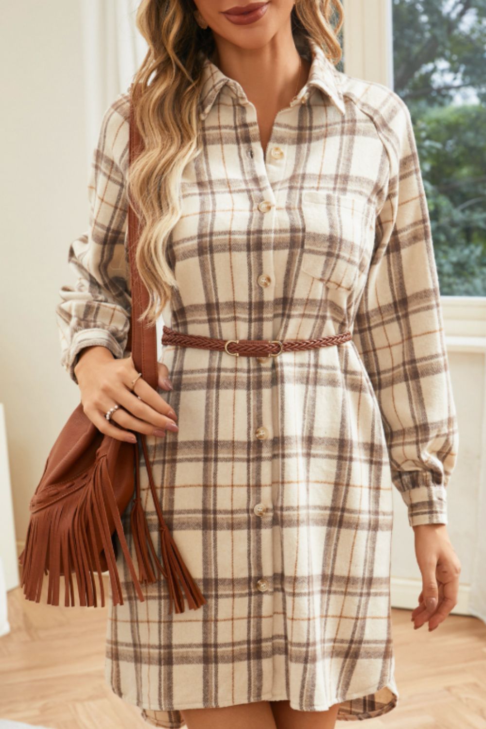 Plaid Collared Neck Long Sleeve Mini Shirt Dress - AMIN Clothing 