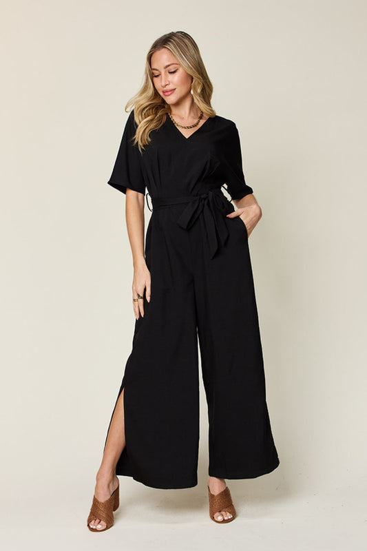 Double Take Full Size V-Neck Tied Side Slit Jumpsuit - AMIN Clothing 