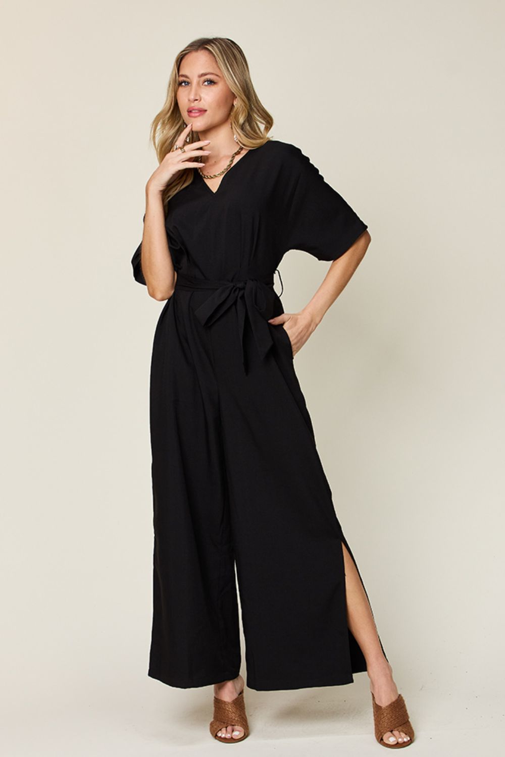 Double Take Full Size V-Neck Tied Side Slit Jumpsuit - AMIN Clothing 