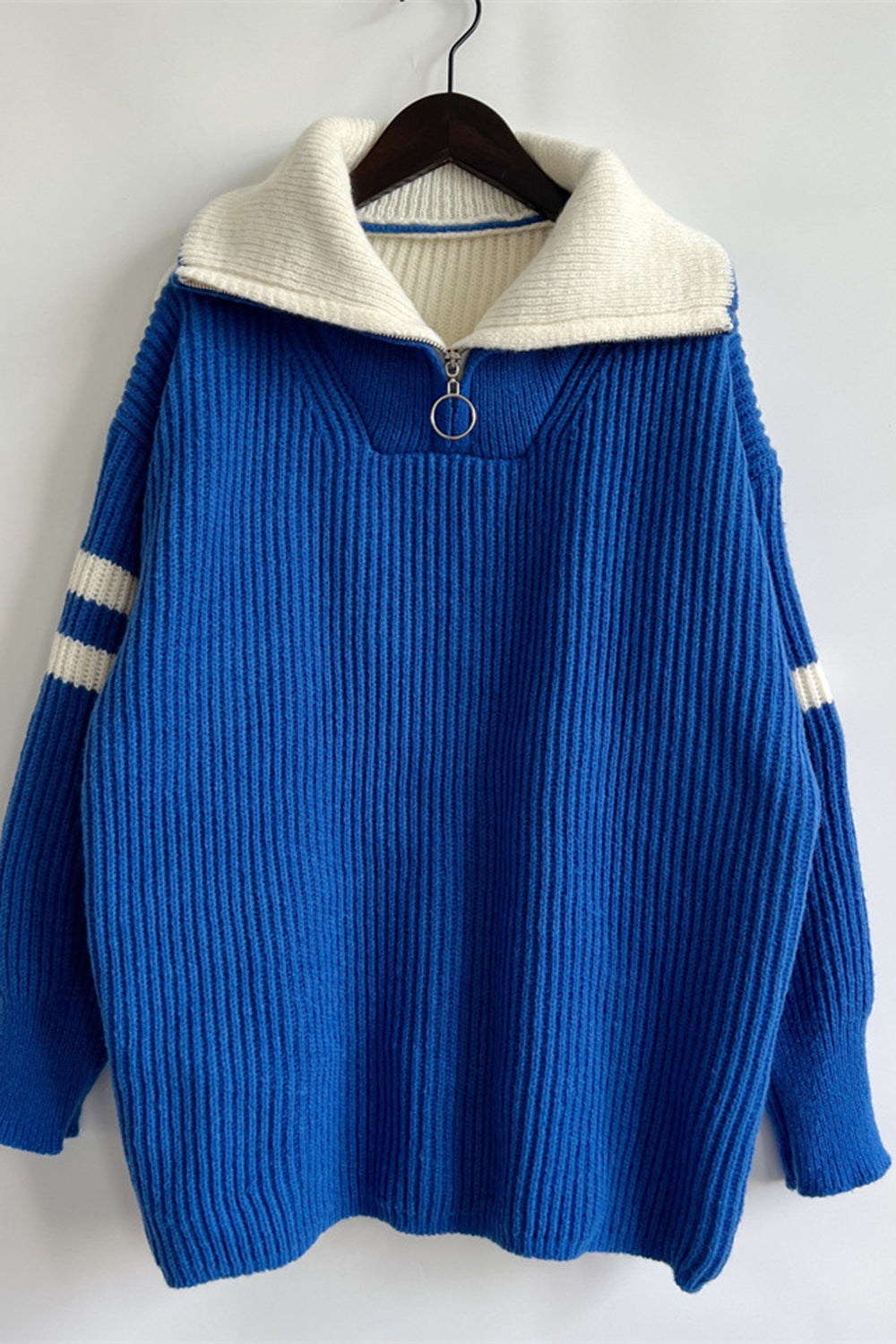 Quarter Zip Striped Dropped Shoulder Sweater - AMIN Clothing 