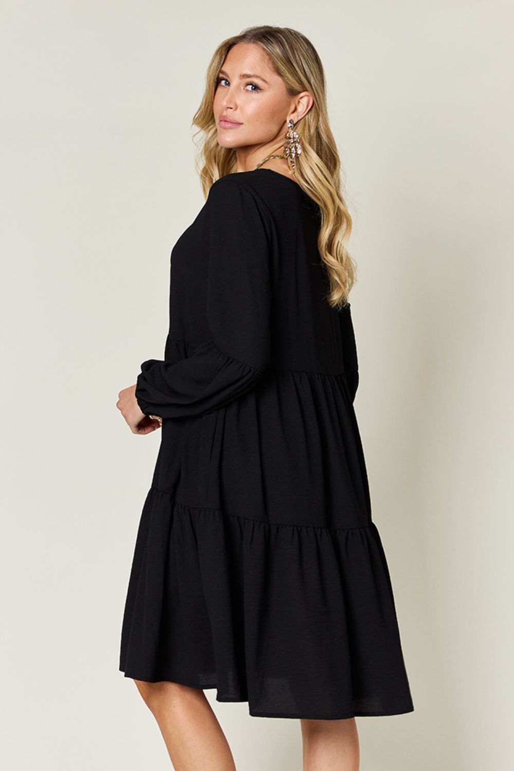 Double Take Full Size V-Neck Balloon Sleeve Tiered Dress with Pockets - AMIN Clothing 